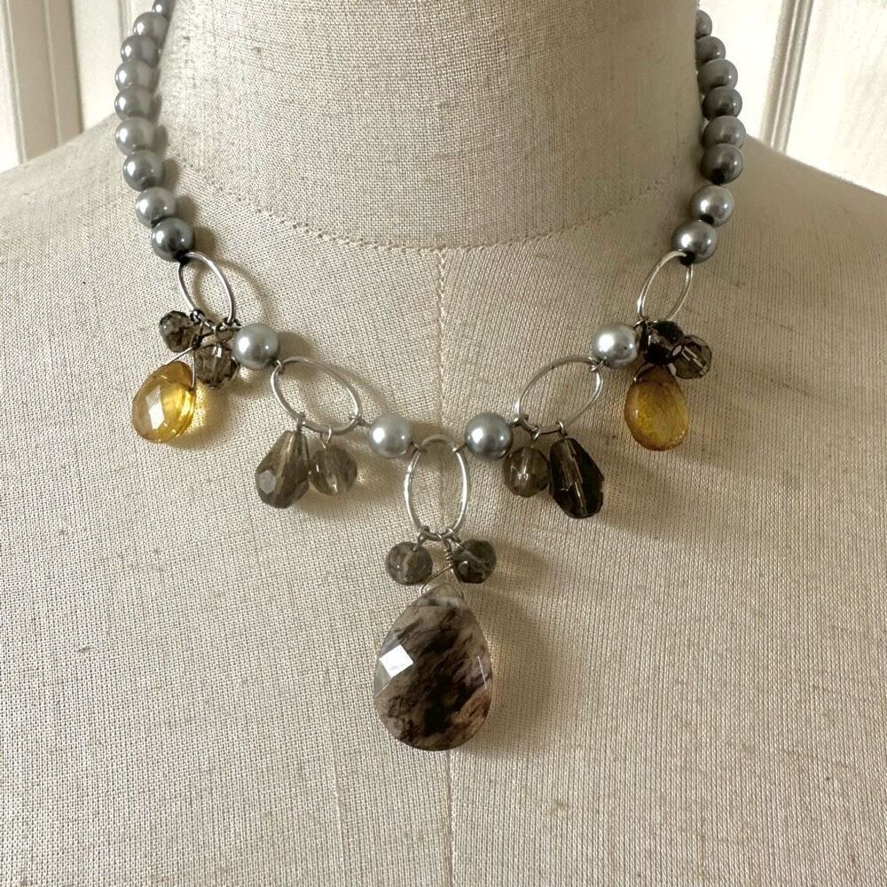 Silver yellow and brown teardrop pendant necklace
